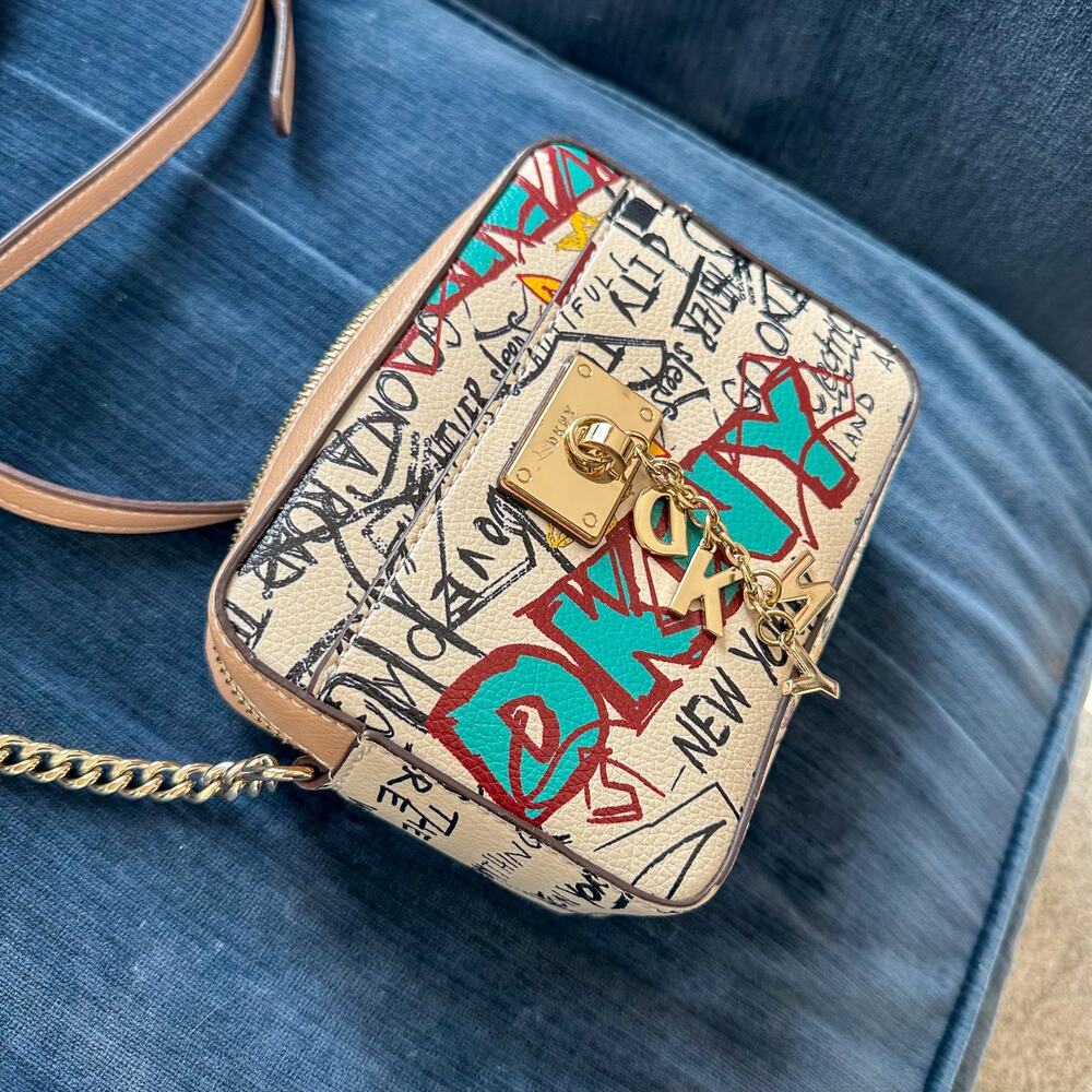 DKNY Cleo Graffiti Crossbody Bag White Chain Strap PVC Designer Purse